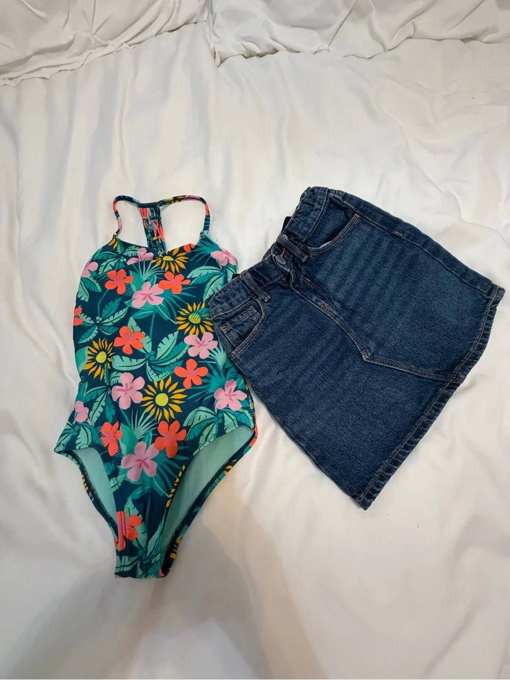 art class Teal Swimsuit with Pink & Orange Floral Print